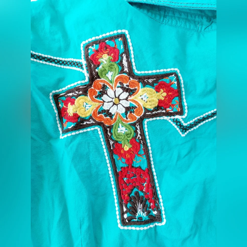 Ariat Teal Rosario Western Pearl Snap Shirt Embroidered Anita Bonita Cross XXL - Picture 3 of 7